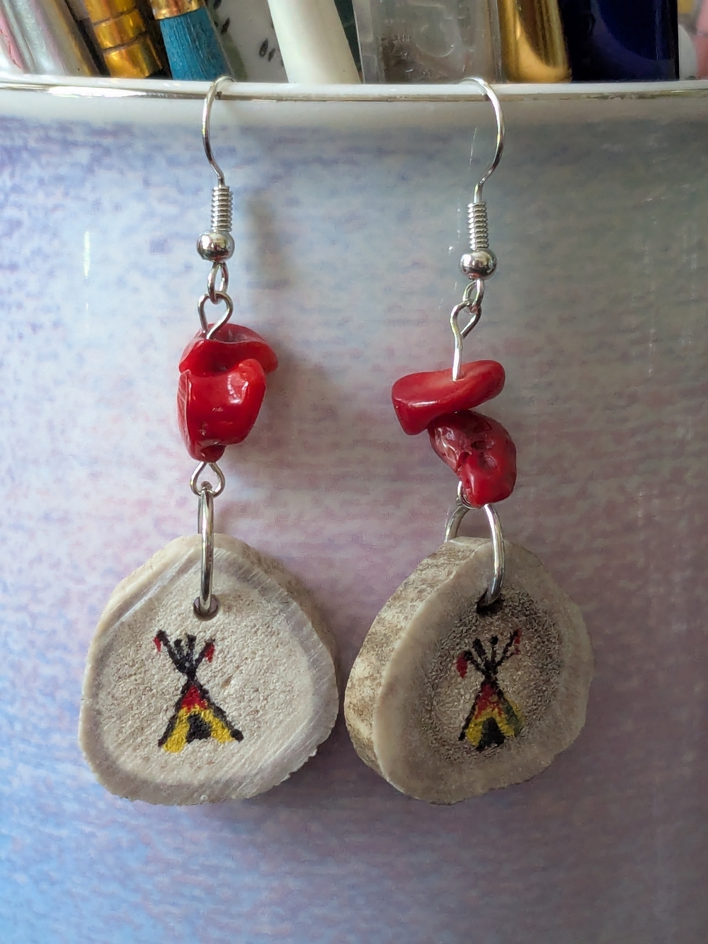 Handcrafted Red Coral & Natural Bone  Teepee Drop Earrings - Women Jewelry
